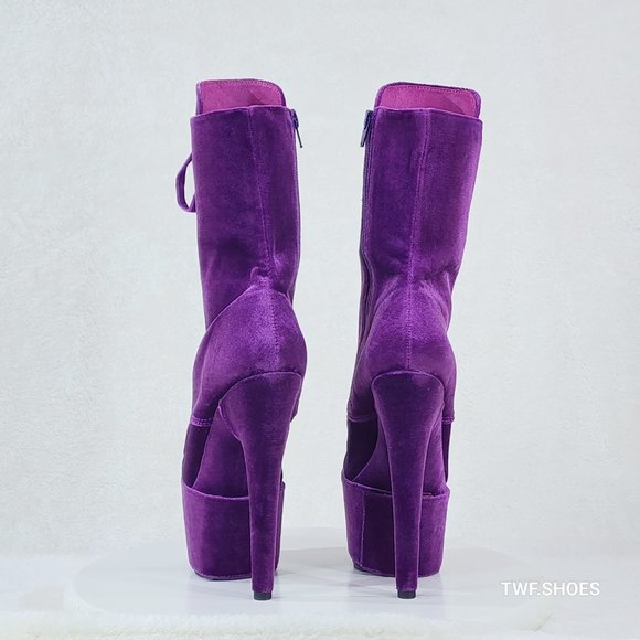 1020 Purple Velvet 7" High Heel Platform Ankle Boots With Boot Protectors - Picture 4 of 8